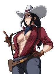 Rule 34 | 1girl, abs, bandana, belt, black hair, cow girl, gloves, grey eyes, hat, heterochromia, highres, holster, long hair, looking to the side, makdraw25, muscular, muscular female, neckerchief, open clothes, open shirt, original, pink eyes, simple background, solo, suspenders, unfinished, white background