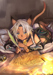 00s 1girl :o animal_ears barefoot bed_sheet blue_eyes book breasts cat_girl cleavage dark detached_collar doraeshi drawing facial_mark female_focus final_fantasy final_fantasy_xi fingerless_gloves gloves hairband highres inkwell light looking_at_viewer lying mithra_(ff11) open_mouth parted_bangs pillow quill short_hair solo tail white_hair