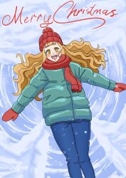 1girl absurdres black_clover chews194 christmas hat highres long_hair looking_at_viewer lying mimosa_vermillion open_mouth orange_hair scarf smile snow_angel solo winter