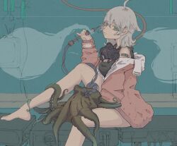 Rule 34 | 1girl, ahoge, aqua eyes, barcode, barcode tattoo, bare legs, barefoot, black shirt, breasts, cable, cleavage, closed mouth, crt, double-parted bangs, flipped hair, hair between eyes, highres, holding, jacket, looking at viewer, medium breasts, medium hair, muted color, noka works, octopus, original, pink jacket, pinky out, shirt, sidelocks, sitting, solo, squid, strapless, strapless shirt, tattoo, white hair