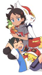 2boys ash_ketchum blue_eyes blue_vest blush_stickers cinderace closed_mouth commentary_request creatures_(company) game_freak gen_1_pokemon gen_4_pokemon gen_8_pokemon goh_(pokemon) grey_footwear grey_shirt grookey hat highres holding holding_phone looking_down male_focus multiple_boys nintendo open_clothes open_vest pants phone pikachu pokemon pokemon_(anime) pokemon_(creature) pokemon_journeys pokesumomo red_hat red_socks rotom rotom_phone shirt shoes short_sleeves shorts socks t-shirt vest white_background white_shirt