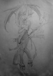 Rule 34 | 1girl, absurdres, arrow (projectile), artist name, bow (weapon), clog sandals, clogs, cra (wakfu), dress, elf, feet, female focus, flower, full body, greyscale, hair tie, highres, legs, monochrome, narrow waist, parted lips, platform clogs, pointy ears, revealing clothes, sandals, solo, standing, toshiro fudo, traditional media, wakfu, weapon
