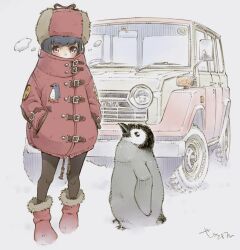 1girl bird black_hair black_leggings blush boots buckle car character_request coat collared_coat fur-trimmed_boots fur_hat fur_trim hands_in_pockets hat high_collar highres leggings looking_at_viewer motor_vehicle penguin purple_eyes red_boots red_coat sekihan snow solo standing strap ushanka zesshaka!_shiritsu_yotsuwa_joshi_gakuin_zetsumetsu_kigu-sha_gakka