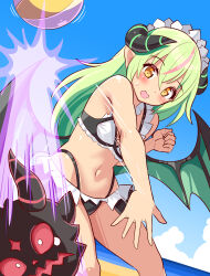1girl ball bare_shoulders bat_wings beach beach_volleyball beachball bikini black_bikini black_horns black_skirt black_wings blue_sky blush breasts cougar_(cougar1404) curled_fingers demon_girl demon_horns demon_lord_maxim_(galgun) demon_wings dot_nose double-parted_bangs dutch_angle feet_out_of_frame frilled_bikini frilled_skirt frills gal_guardians gal_gun_(series) green_hair green_horns green_stripes green_wings hair_behind_ear highleg highleg_bikini horns long_eyelashes long_hair low_wings maid maid_bikini maid_headdress masha_(galgun) microskirt motion_lines multicolored_bikini multicolored_hair navel ocean open_hands outstretched_arm pink_hair pink_streaks pointy_ears sand showgirl_skirt sidelocks skirt sky small_breasts small_sweatdrop streaked_hair striped_horns swimsuit tareme thick_eyelashes thighs two-tone_bikini two-tone_hair two-tone_skirt unconventional_maid water white_bikini white_skirt white_trim wings yellow_eyes