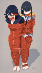 arms_behind_back bdsm blush bondage bound bound_together collarbone gag gagged highres improvised_gag kill_la_kill kiryuuin_satsuki lost_one_zero matoi_ryuuko tape tape_bondage tape_gag taped_arms taped_fingers taped_hands taped_legs