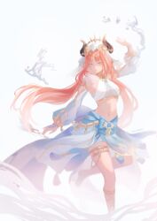 1girl absurdres aqua_eyes bracer breasts circlet crop_top dancer detached_sleeves fake_horns genshin_impact gladiator_sandals harem_outfit highres horns jewelry long_hair long_sleeves looking_at_viewer navel neck_ring nilou_(genshin_impact) puffy_long_sleeves puffy_sleeves red_hair sandals shi_(shi_zumii) small_breasts smile thighlet twintails veil very_long_hair water_drop white_background white_veil