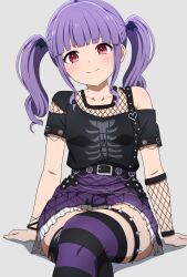 1girl absurdres bang_dream! belt black_belt black_shirt black_thighhighs bracelet chain commentary frilled_skirt frills grey_background heart highres horizontal-striped_clothes horizontal-striped_thighhighs jewelry looking_at_viewer noshimurin purple_hair purple_skirt purple_thighhighs red_eyes shirt simple_background single_bare_shoulder single_fishnet_armwear skirt smile solo thighhighs twintails two-tone_thighhighs udagawa_ako