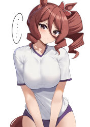 ... 1girl absurdres animal_ears black_eyes blue_buruma blush bow breasts brown_hair buruma commentary drill_hair drill_ponytail hair_between_eyes hair_bow head_tilt highres horse_ears horse_girl horse_tail large_breasts long_hair long_hair_between_eyes looking_at_viewer nassss norn_ace_(umamusume) red_bow shirt side_ponytail simple_background solo sweat tail umamusume umamusume:_cinderella_gray v-shaped_eyebrows white_background white_shirt