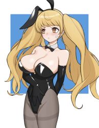 Rule 34 | 1girl, animal ears, bare shoulders, black bow, black bowtie, black gloves, black leotard, blonde hair, blush, bow, bowtie, breasts, cleavage, closed mouth, cowboy shot, detached collar, elbow gloves, fake animal ears, gloves, granblue fantasy, hairband, highleg, highleg leotard, highres, large breasts, leotard, long hair, monika weisswind, pantyhose, playboy bunny, rabbit ears, simple background, solo, standing, strapless, strapless leotard, tsuneshima, twintails, very long hair, yellow eyes