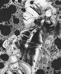 1girl absurdres blood blood_splatter bodysuit breasts dated e.g.o_(project_moon) fairy fairy-long-legs_(project_moon) greyscale hair_over_one_eye highres ishmael_(project_moon) large_breasts limbus_company long_hair looking_up monochrome open_mouth parted_lips project_moon signature single_tooth smile solo tsukisebone44 very_long_hair wingbeat_(e.g.o) wings