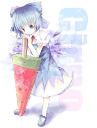 1girl bad_id bad_pixiv_id blue_eyes blue_hair bow cirno female_focus food fruit full_body gradient_background hair_bow ichitaro matching_hair/eyes popsicle short_hair smile solo touhou watermelon watermelon_bar white_background wings