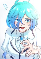 Rule 34 | 1girl, blue eyes, blue hair, chinese commentary, commentary request, female focus, highres, isemi tina, long bangs, long sleeves, looking to the side, low ponytail, matching hair/eyes, open mouth, panicking, ponytail, rock wa lady no tashinami deshite, school uniform, shangtianrididefuritian, solo, upper body, white background