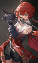 1girl absurdres ahoge black_bodysuit black_gloves blue_eyes bodysuit collar commentary cowboy_shot danjin_(wuthering_waves) earrings fingerless_gloves gloves hair_intakes hair_ornament highres holding holding_sword holding_weapon hoop_earrings jewelry long_sleeves looking_at_viewer red_eyes red_hair red_tabard short_hair single_fingerless_glove solo sword tabard tacet_mark_(wuthering_waves) ttk_(kirinottk) v-shaped_eyebrows weapon white_collar wuthering_waves