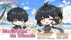 Rule 34 | +++, 1boy, 1girl, :d, abby (wuthering waves), antenna hair, beach, black bow, black dress, black gloves, black hair, black jacket, blue sky, bow, breasts, chibi, chibi only, colored inner hair, commentary, day, dress, earrings, english commentary, english text, female rover (wuthering waves), gloves, hair bow, hair ribbon, highres, jacket, jewelry, logo, long hair, low ponytail, male rover (wuthering waves), medium breasts, multicolored hair, ocean, official art, one eye closed, open mouth, outdoors, ponytail, ribbon, rover (wuthering waves), sky, sleeveless, sleeveless dress, smile, triangle earrings, waving, wuthering waves, yellow eyes, yellow ribbon