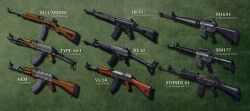 absurdres akm assault_rifle bayonet car-15_xm177 carbine colt_commando commentary commentary_request english_commentary english_text folding_stock green_background gun h&amp;k_hk33 handle highres hoborginc kalashnikov_rifle light_machine_gun m16 m16a1 m2_carbine machine_gun magazine_(weapon) modular_weapon_system no_humans original prototype_design rifle rk62 short-barreled_rifle squad_automatic_weapon still_life stoner_63 transforming_weapon type_56_assault_rifle vz._58 weapon weapon_family weapon_focus weapon_name