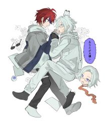 2boys ahoge aotsuki_eito black_pants black_shirt blue_eyes closed_mouth eyeball flower frown full_body glasses highres jacket japanese_text licking licking_hand long_sleeves looking_at_another male_focus messy_hair multicolored_hair multiple_boys mutlicolored_eyes open_mouth pants purple_hair red_eyes red_hair severed_head shirt simple_background speech_bubble sunglasses the_hundred_line_-last_defense_academy- tongue tongue_out translation_request white_background white_hair white_jacket white_pants white_shirt yaoi