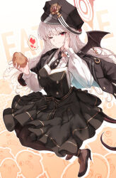 1girl absurdres black_dress black_jacket black_necktie black_pantyhose black_shoes blue_archive closed_mouth crumbs demon_wings dress food food_on_face hand_on_own_face haruna_(blue_archive) high_heels highres holding holding_food jacket jacket_on_shoulders long_hair looking_at_viewer necktie one_eye_closed pantyhose red_eyes shoes single_wing solo sunnysideup taiyaki wagashi white_hair wings