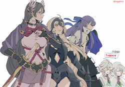 2boys 3girls ahoge arm_guards armor armored_dress bell black_coat black_gloves black_hair blonde_hair blue_ribbon bodysuit breasts chain closed_eyes closed_mouth clothing_cutout coat commentary crying detached_sleeves dress english_text fate/grand_order fate_(series) faulds fingerless_gloves fur-trimmed_sleeves fur_trim gauntlets gloves grey_hair grey_robe grin hair_ornament hair_ribbon headpiece holding holding_sword holding_weapon hood hood_up hooded_robe jeanne_d&#039;arc_alter_(avenger)_(fate) jeanne_d&#039;arc_alter_(avenger)_(third_ascension)_(fate) jeanne_d&#039;arc_alter_(fate) jingle_bell katana korean_text large_breasts long_hair long_sleeves looking_afar meltryllis_(fate) meltryllis_(second_ascension)_(fate) merlin_(fate) minamoto_no_raikou_(fate) multicolored_coat multiple_boys multiple_girls navel_cutout pelvic_curtain pink_rope plackart purple_bodysuit purple_eyes purple_hair ribbon robe rope sheath sheathed shino_(mufn5785) shrug_(clothing) simple_background sleeves_past_fingers sleeves_past_wrists smile sword twitter_username two-tone_coat very_long_hair weapon white_background white_coat wing_hair_ornament yellow_eyes