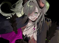 1girl black_background blood body_markings breasts chin_boooooooo crossed_bangs demon_girl demon_horns fate/grand_order fate_(series) green_eyes grey_hair hair_around_horn hair_between_eyes hair_over_one_eye highres horns jacket lilith_(fate) long_hair looking_at_viewer medium_breasts negative_space nosebleed one_eye_covered pointy_ears simple_background snake solo sweat tattoo tattoo_between_breasts twintails