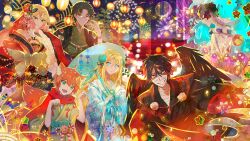2girls 4boys :d abraham_gray_(satsuriku_no_tenshi) aerial_fireworks alternate_costume animal_ears aqua_flower aqua_rose aura bandage_on_face bandaged_head bandages between_fingers bird_wings black_cape black_eyes black_hair black_kimono black_wings blonde_hair blue_eyes blue_jacket blue_sash blurry blurry_background bob_cut bokeh cape cathy_(satsuriku_no_tenshi) cowboy_shot danny_(satsuriku_no_tenshi) depth_of_field double-parted_bangs eddie_(satsuriku_no_tenshi) egasumi eye_print eyeball feet_out_of_frame fireworks floral_print flower flower_knot fox_boy fox_ears fox_tail frilled_sleeves frills glasses gradient_hair green_hair green_kimono grey_eyes grin hair_between_eyes hair_flower hair_ornament hair_slicked_back half_mask halterneck haori hat heterochromia holding holding_eyeball horned_mask isaac_foster jacket japanese_clothes kanzashi kariginu kemonomimi_mode kikumon kimono kkamang_egg lantern lipstick long_hair long_sleeves looking_at_viewer makeup mask mismatched_pupils multicolored_hair multiple_boys multiple_girls night obi off_shoulder open_mouth orange_hair pale_skin paper_lantern parted_bangs paw_pose pink_hair pom_pom_(clothes) profile rachel_gardner red_flower red_kimono red_pupils red_scarf rope rose rose_print sakuramon sash satsuriku_no_tenshi scarf shimenawa short_hair smile snowflake_ornament squatting standing tail talisman tassel teeth tengu tokin_hat torii upper_teeth_only wavy_hair white_kimono wide_sleeves wings yellow_eyes yellow_sash
