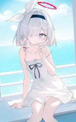 1girl absurdres bare_shoulders black_hairband blue_archive blue_eyes blue_sky blush breasts dress hair_over_one_eye hairband halo highres looking_at_viewer medium_hair multicolored_hair ocean outdoors pink_hair plana_(blue_archive) red_halo red_pupils sitting sky sleeveless sleeveless_dress small_breasts solo spaghetti_strap strap_slip two-tone_hair usagi_(786113654) white_dress white_hair