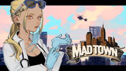 1girl absurdres adjusting_clothes adjusting_gloves aircraft barbell_piercing blonde_hair blue_gloves blue_mask breasts building cleavage commentary_request ear_piercing earrings eyewear_on_head gloves helicopter highres industrial_piercing jewelry kaminari_qpi letterboxed long_hair looking_at_viewer mask mouth_mask open_clothes orange_eyes outside_border parted_lips piercing rubber_gloves solo stethoscope sunglasses surgical_mask unworn_mask upper_body virtual_youtuber vspo! zoramaruta