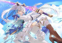 1girl absurdres ayaka_(genshin_impact) blue_dress blue_eyes blunt_tresses boots brown_boots butterfly_hair_ornament clothing_cutout dress genshin_impact hair_ornament high_heel_boots high_heels highres holding holding_sword holding_weapon ice kamisato_ayaka kamisato_ayaka_(springbloom_missive) looking_at_viewer official_alternate_costume pantyhose ponytail solo sword tanpopo_(tanpopokkk) thigh_cutout weapon white_hair white_pantyhose