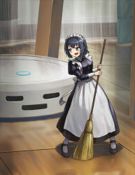1girl :d black_hair blue_eyes broom hashi indoors maid maid_headdress mini_person minigirl open_mouth original robotic_vacuum_cleaner short_hair smile