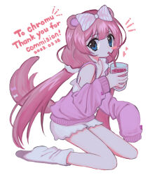 Rule 34 | 1girl, absurdres, blue eyes, bow, chromu, commission, cup, drinking, english text, full body, hair bow, heart, highres, holding, holding cup, indie virtual youtuber, long hair, looking at viewer, pink hair, simple background, sleeves past fingers, sleeves past wrists, socks, solo, twintails, virtual youtuber, white background