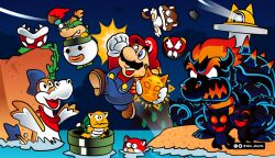 1girl 3boys artist_name bowser bowser_jr. fury_bowser goomba jumping lolo_aburto mario mario_(series) multiple_boys night nintendo ocean parody piranha_plant plessie sand sky smile style_parody super_mario_3d_world super_mario_3d_world_+_bowser&#039;s_fury water