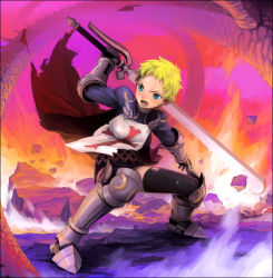 1girl androgynous animification armor blonde_hair blue_eyes cape dragon female_focus iyokawa jeanne_d&#039;arc level-5 real_life short_hair solo sword thighhighs torn_clothes torn_thighhighs warrior weapon
