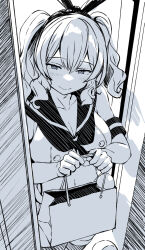 1girl bag belko blue_eyes blush breasts cleavage cosplay doorway elbow_gloves gloves greyscale hair_between_eyes highres holding holding_bag kantai_collection kashima_(kancolle) large_breasts long_hair looking_at_viewer monochrome neckerchief sailor_collar shimakaze_(kancolle) shimakaze_(kancolle)_(cosplay) sketch sleeveless smile solo spot_color twintails wavy_hair