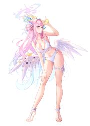 1girl absurdres alternate_costume angel_wings barefoot barefoot_sandals_(jewelry) bikini blue_archive blue_hair blunt_bangs breasts cleavage feathered_wings feet flower full_body gradient_hair hair_bun hair_flower hair_ornament halo hand_on_own_knee highres holding holding_water_gun large_breasts long_hair looking_to_the_side low_wings mika_(blue_archive) minj_kim multicolored_hair navel o-ring o-ring_bikini parted_lips pink_hair pink_halo pinky_out sidelocks simple_background single_side_bun solo swimsuit thigh_strap toes very_long_hair water_gun white_background white_bikini white_wings wing_ornament wings yellow_eyes