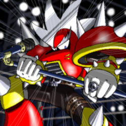 1boy armor belt black_bodysuit bodysuit bracelet commentary commentary_request emphasis_lines english_commentary gloves helmet holding holding_microphone_stand jewelry knee_spikes korean_commentary leaning_forward looking_at_viewer looking_down lowres male_focus mega_man_(classic) mega_man_(series) mega_man_iii microphone microphone_stand mixed-language_commentary motion_lines napo punk_(mega_man) purple_eyes red_armor red_helmet ring robot shoulder_armor shoulder_spikes skull_ring solo spiked_bracelet spiked_helmet spikes standing white_gloves