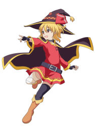 Rule 34 | 1girl, :d, bandaged leg, bandages, belt, black gloves, black thighhighs, blonde hair, boots, cape, cato (monocatienus), commentary, cosplay, dress, female focus, fingerless gloves, full body, gloves, hair ribbon, hat, knee boots, kono subarashii sekai ni shukufuku wo!, long sleeves, megumin, megumin (cosplay), open mouth, outstretched arm, red dress, red eyes, ribbon, rumia, short hair, simple background, single thighhigh, smile, solo, thighhighs, touhou, white background, witch hat
