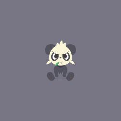 :t afuron closed_mouth commentary_request full_body gen_6_pokemon grey_background highres leaf looking_at_viewer nintendo no_humans pancham pokemon pokemon_(creature) pokemon_focus simple_background sitting solo
