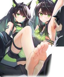 1girl 1other absurdres ahoge animal_ears arknights arm_up armpits barefoot black_hair black_shorts blush breasts cat_ears closed_mouth doctor_(arknights) dress feet foot_focus green_dress green_eyes green_hair highres licking licking_armpit looking_at_viewer mask medium_breasts mon3tr_(arknights) multicolored_hair multiple_views nipple_slip nipples off_shoulder open_mouth saliva short_shorts shorts sleeveless sleeveless_dress soles stepped_on stethoscope sweat taichi_suzuki thigh_strap toes tongue tongue_out two-tone_hair v-shaped_eyebrows