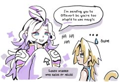 ... 2boys absurdres arrow_(symbol) blonde_hair blue_eyes cropped_torso english_text eyeshadow feather_hair_ornament feathers final_fantasy final_fantasy_ix hair_ornament hand_up high_collar highres juliet_sleeves kuja laughing long_hair long_sleeves low_ponytail makeup male_focus monkey_tail multiple_boys open_mouth ponytail puffy_sleeves red_eyeshadow smile snoozaga sparkle speech_bubble sweatdrop tail upper_body very_long_sleeves white_background white_hair wide_sleeves zidane_tribal