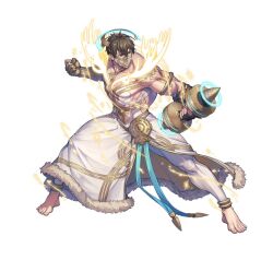 Rule 34 | 1boy, abs, attack, barefoot, biceps, body markings, brown eyes, brown hair, collarbone, dumbbell, eikthyrnir (fire emblem), eikthyrnir (resolved to train) (fire emblem), fighting stance, fingerless gloves, fire emblem, fire emblem heroes, full body, gloves, golden arms, headdress, holding, holding dumbbell, large pectorals, male focus, mask, mouth mask, muscular, muscular male, nintendo, nishiki areku, official alternate costume, official art, pants, pectorals, short hair, simple background, solo, toga, white background, white pants