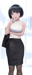 1girl arm_under_breasts bag black_hair black_skirt blue_eyes breasts commentary_request gundam gundam_gquuuuuux handbag highres jewelry large_breasts looking_at_viewer mature_female open_mouth paid_reward_available pencil_skirt ribbed_sweater ring scratching_cheek shiiko_sugai short_hair skirt sleeveless sleeveless_sweater smile solo sweater wa_(genryusui) wedding_ring white_sweater