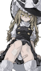 1girl absurdres arm_support bandaid bandaid_on_face bandaid_on_finger bandaid_on_leg black_hat black_skirt black_vest blonde_hair bow closed_mouth commentary_request hat hat_bow highres hisha_(kan_moko) kirisame_marisa long_hair looking_at_viewer ribbon shadow shirt short_sleeves simple_background sitting skirt socks solo touhou very_long_hair vest white_background white_bow white_ribbon white_shirt white_socks witch_hat yellow_eyes