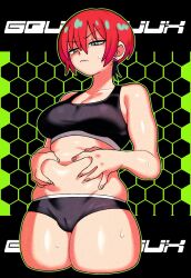 1girl amate_yuzuriha aqua_eyes bare_shoulders belly belly_grab black_background black_panties black_sports_bra cameltoe champchidi commentary copyright_name cropped_legs fingernails frown green_background gundam gundam_gquuuuuux hands_on_own_stomach highres honeycomb_(pattern) honeycomb_background looking_at_self looking_down navel panties red_hair short_hair solo sports_bra sweatdrop two-tone_background underwear v-shaped_eyebrows
