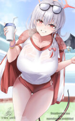 Rule 34 | 1girl, black wings, blue archive, blush, breasts, breath, collarbone, commentary request, cup, day, eyewear on head, grin, halo, haruna (blue archive), haruna (track) (blue archive), highres, holding, holding cup, ibara azuki, jacket, jacket on shoulders, large breasts, long hair, looking at viewer, official alternate costume, outdoors, red eyes, red hair, red halo, red jacket, shirt, signature, smile, solo, sunglasses, tail, thigh gap, thighs, twitter username, watermark, white hair, white shirt, wings