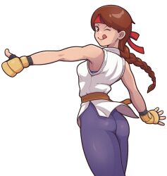 1girl ass braid braided_ponytail breasts brown_eyes brown_hair dougi female_focus fumphole gloves hairband hand_up huge_breasts karate_gi large_breasts leather leggings licking_lips long_hair looking_at_viewer looking_back one_eye_closed pale_skin pants ponytail skirt smile smiley_face standing the_king_of_fighters thick_thighs thighs thumbs_up tight_clothes tight_pants tongue tongue_out wide_hips wink yoga_pants yuri_sakazaki