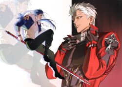 2boys absurdres adjusting_collar archer_(fate) archer_(honkai:_star_rail)_(fate) bead_bracelet beads black_boots black_gloves black_jacket black_pants blue_hair boots bracelet bullet_earrings coat crescent crescent_necklace cropped_jacket cu_chulainn_(fate) cu_chulainn_(fate/stay_night) cu_chulainn_(honkai:_star_rail)_(fate) dark-skinned_male dark_skin earrings fate/stay_night fate/unlimited_blade_works fate_(series) fur-trimmed_jacket fur_trim gae_bolg_(fate) gloves highres holding holding_polearm holding_weapon honkai:_star_rail honkai_(series) jacket jewelry long_hair looking_at_viewer maysy633 multiple_boys necklace pants polearm ponytail red_coat red_jacket shirt spiked_hair v-neck weapon white_hair white_shirt