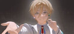 Rule 34 | 1boy, absurdres, aheuretokki, blonde hair, earrings, ensemble stars!, hair between eyes, highres, holding, holding microphone, jewelry, long sleeves, looking at viewer, male focus, mashiro tomoya, microphone, outstretched arm, portrait, short hair, single earring, smile, solo, yellow eyes