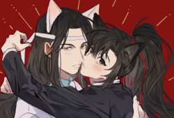 Rule 34 | 2boys, ahoge, alternate costume, alternate universe, animal ears, black eyes, black hair, black jacket, blush, cat boy, cat ears, contemporary, couple, eunram, formal clothes, hair ribbon, headband, hug, imminent kiss, jacket, kemonomimi mode, korean commentary, lan wangji, long hair, long sleeves, looking at viewer, male focus, modao zushi, multiple boys, parted bangs, parted lips, ponytail, red background, red ribbon, ribbon, shirt, sidelocks, simple background, suit, upper body, wei wuxian, white headband, white jacket, white shirt, yaoi, yellow eyes