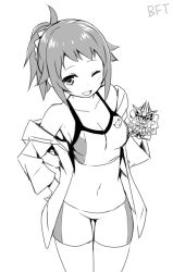 Rule 34 | 10s, 1girl, coat, female focus, greyscale, gundam, gundam build fighters, gundam build fighters try, highres, hoshino fumina, midriff, monochrome, one eye closed, open clothes, open coat, short hair, sky-freedom, solo, winning gundam