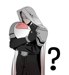 ? armor black_gloves black_jacket blanket blush_stickers carrying closed_eyes colored_skin crossover ddb_000 eyelashes final_fantasy final_fantasy_vii gloves grey_hair highres holding jacket kirby kirby_(series) long_hair long_sleeves male_focus nintendo pauldrons pink_skin sephiroth shoulder_armor swaddled