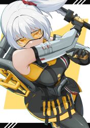 1girl absurdres gloves goggles grey_hair hair_between_eyes highres holding holding_sword holding_weapon looking_at_viewer open_mouth orange_eyes ponytail short_hair sicescythe simple_background soldier_11_(zenless_zone_zero) sword weapon white_hair zenless_zone_zero